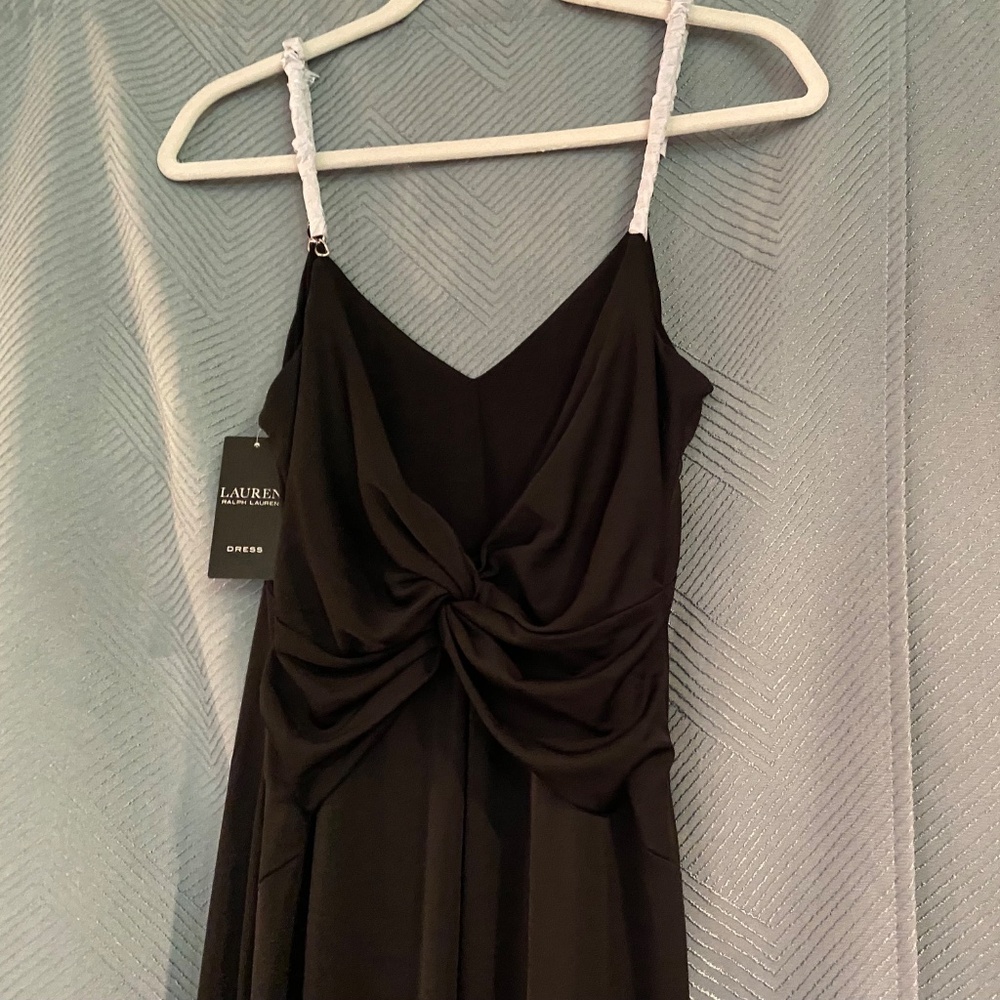 New! 8 Lauren Ralph Twist Back Black Gown Jersey Maxi Dress Chain Straps, Formal - Picture 6 of 15